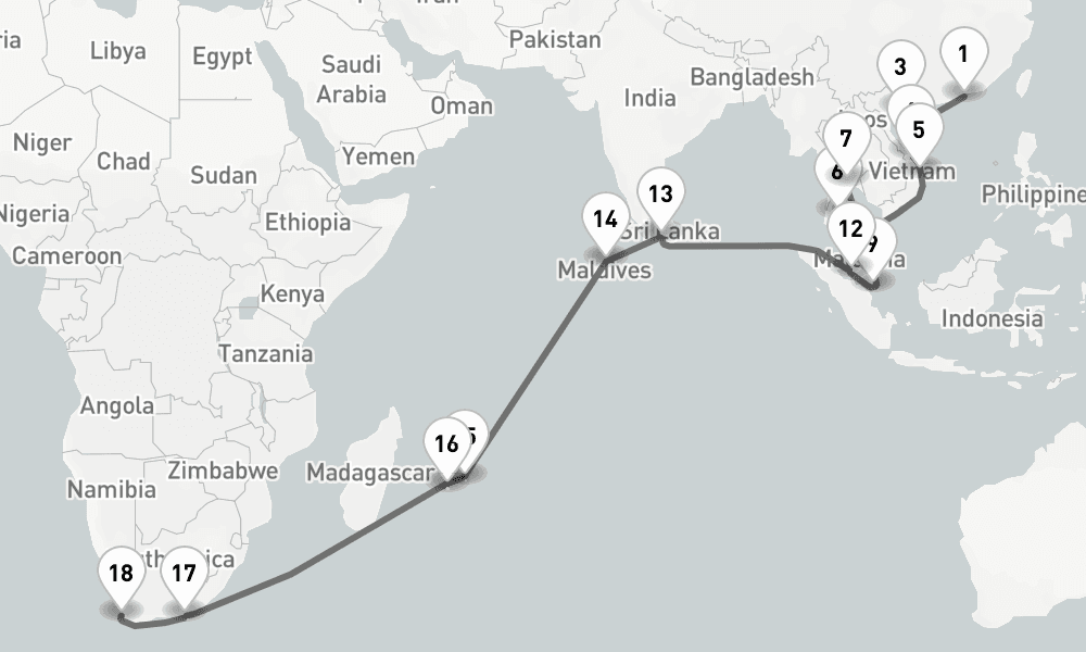 36 days, one-way from Hong Kong to Cape Town 37日間