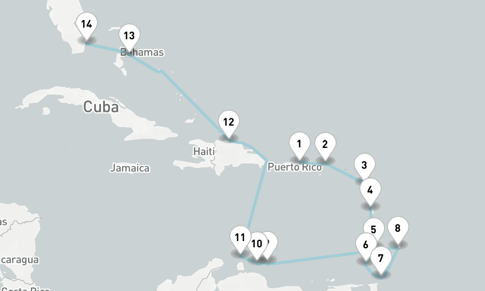 17 days, one-way from San Juan to Miami 18日間