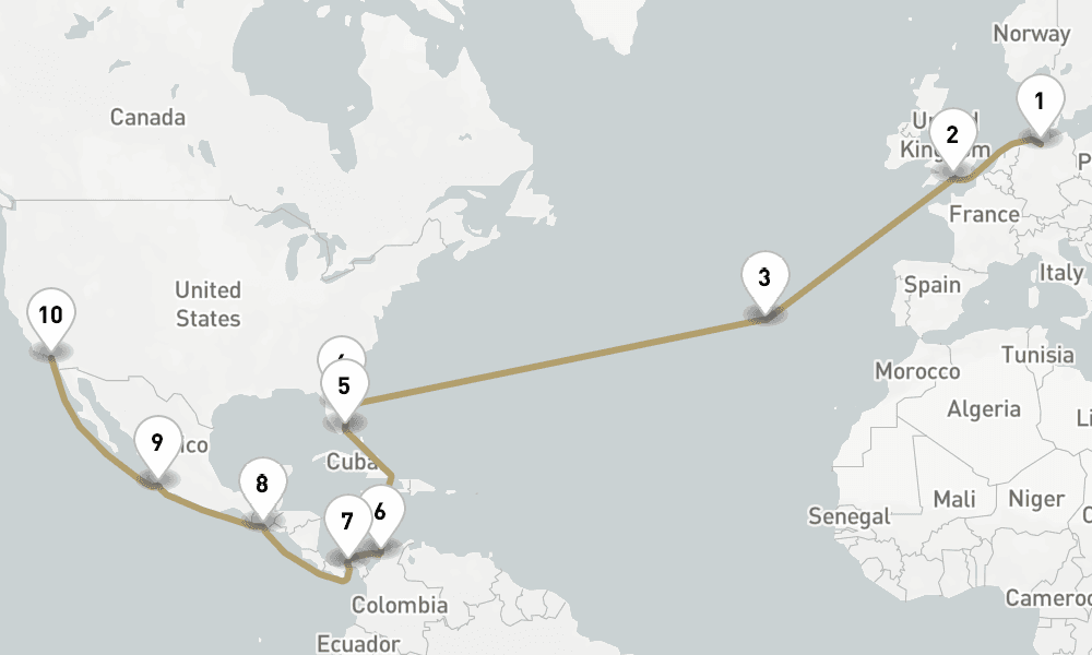 29 days, one-way from Hamburg to Los Angeles 30日間