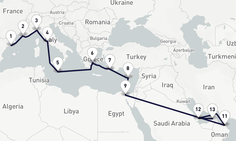 22 days, one-way from Barcelona to Dubai 23日間