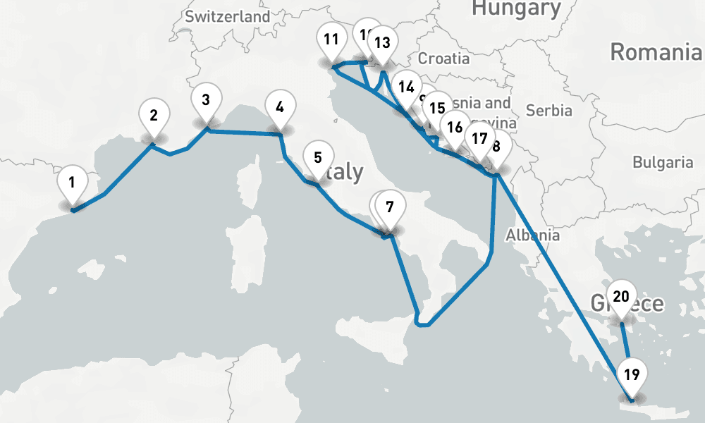 21 days, one-way from Barcelona to Piraeus-Athens 22日間