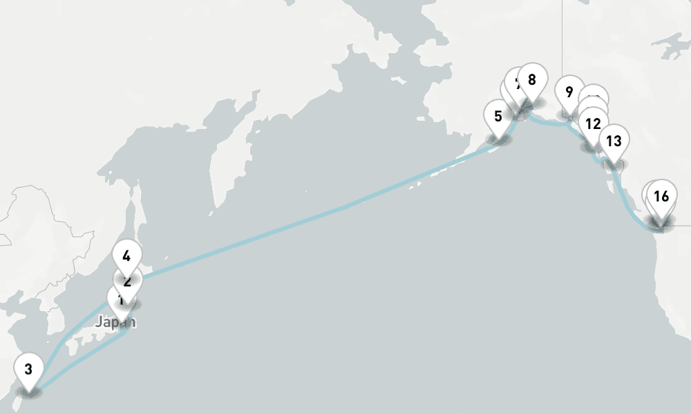 25 days, one-way from Tokyo to Vancouver 26日間