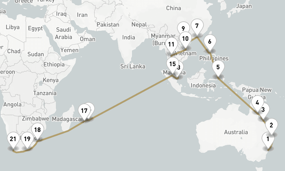 48 days, one-way from Sydney to Cape Town 49日間
