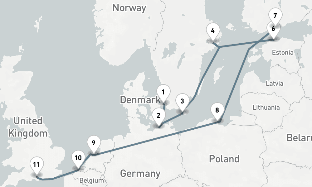 14 days, one-way from Copenhagen to Southampton 15日間