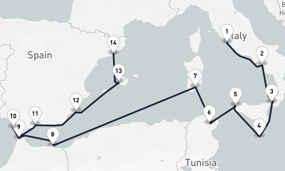 14 days, one-way from Civitavecchia-Rome to Barcelona 15日間