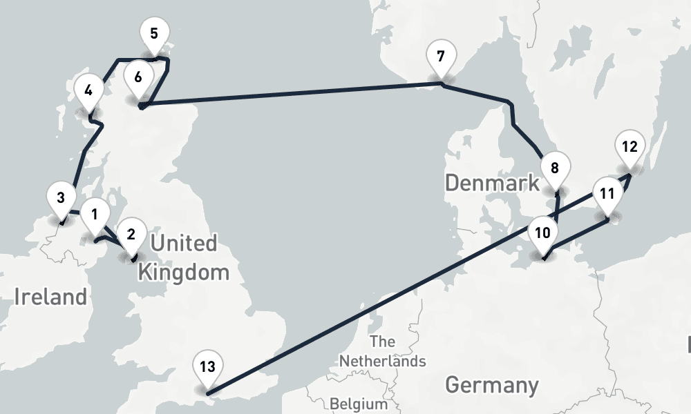15 days, one-way from Belfast to Southampton 16日間