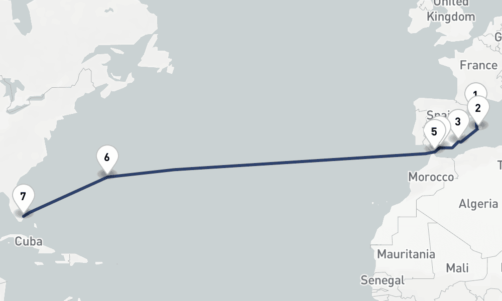 14 days, one-way from Barcelona to Fort Lauderdale 15日間