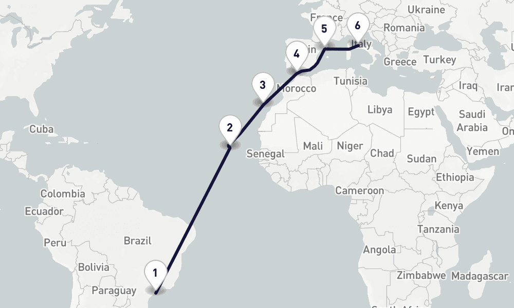 16 days, one-way from Santos to Civitavecchia-Rome 17日間