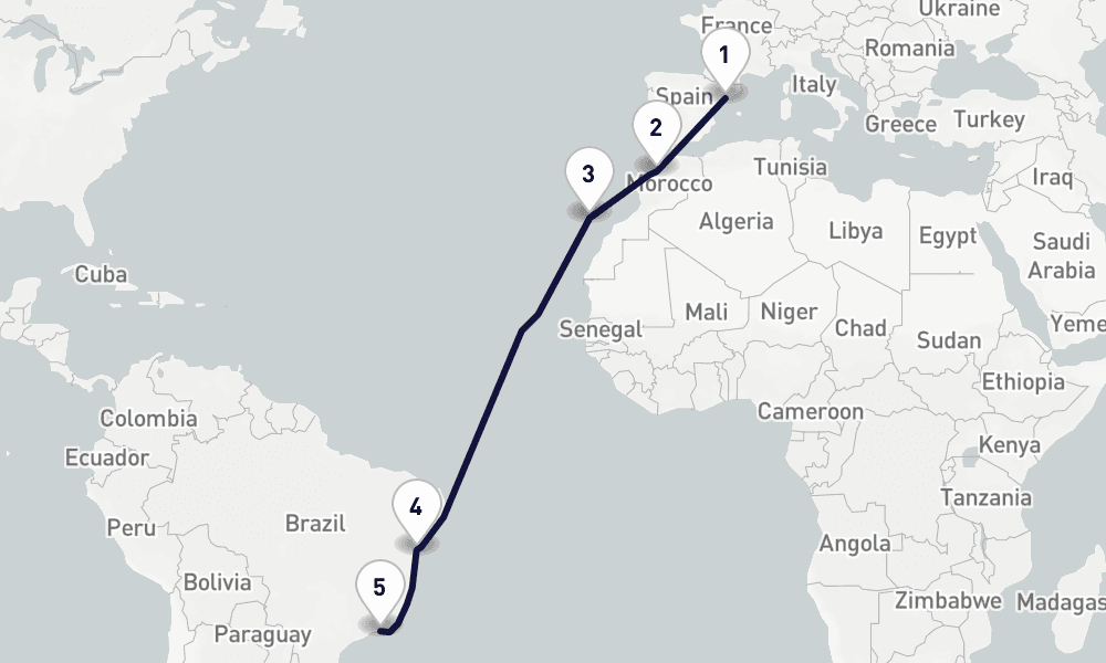 13 days, one-way from Tarragona to Rio de Janeiro 14日間