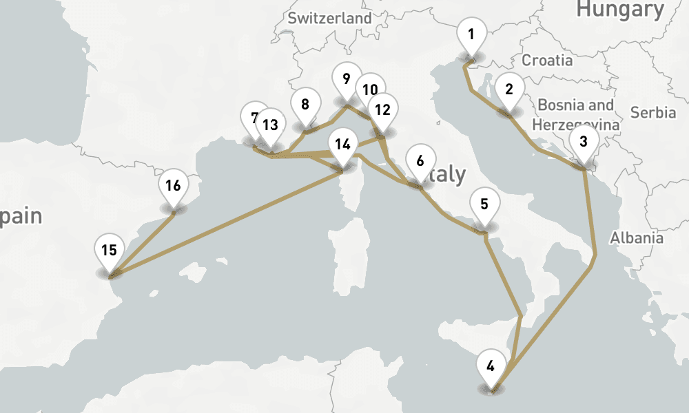 21 days, one-way from Trieste to Barcelona 22日間