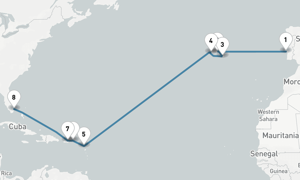 15 days, one-way from Lisbon to Fort Lauderdale 16日間