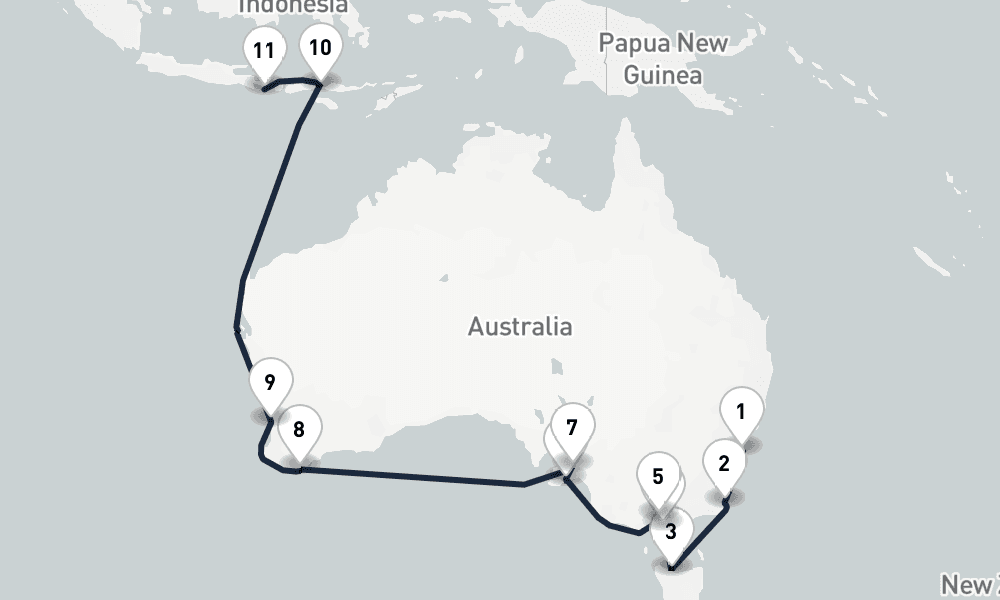 18 days, one-way from Sydney to Benoa 19日間