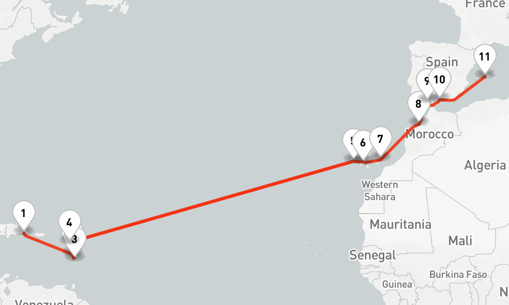 19 nights / 20 days, one-way from La Romana (Dominican Republic) to Palma de Mallorca (Majorca Island, Spain)