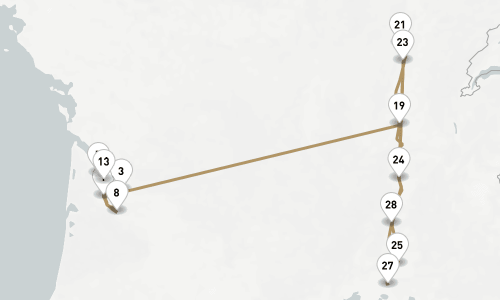 20 nights / 21 days, one-way from Bordeaux to Lyon