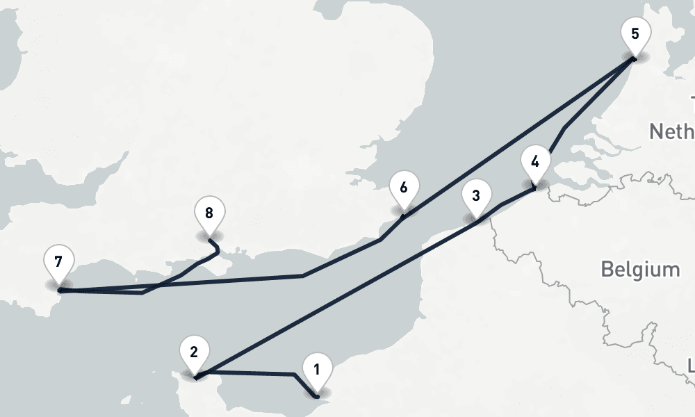 7 days, one-way from Le Havre-Paris to Southampton 8日間