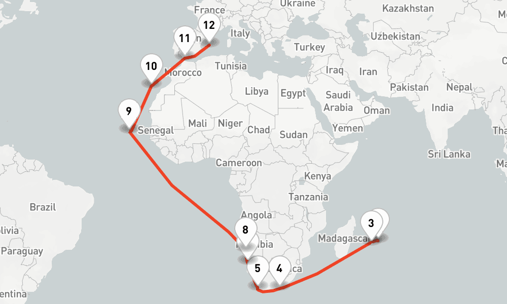 28 nights / 29 days, one-way from Port Louis (Mauritius Island) to Palma de Mallorca (Majorca Island, Spain)