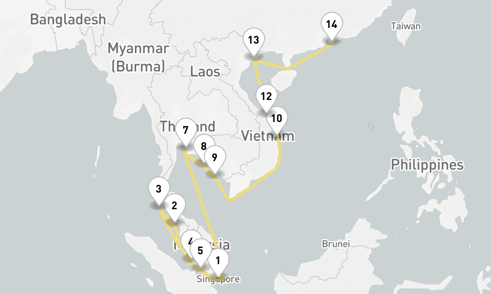 22 days, one-way from Singapore to Hong Kong 23日間
