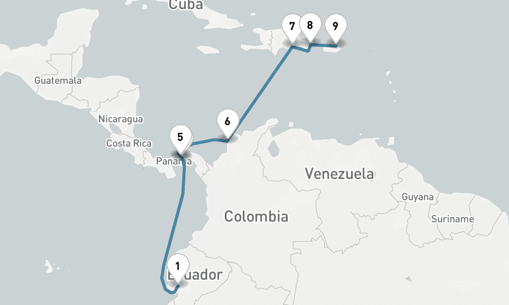 9 days, one-way from Guayaquil to San Juan 10日間