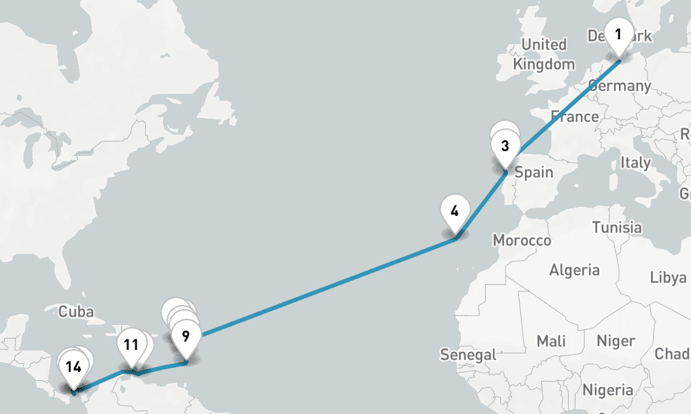 27 days, one-way from Hamburg to Panama City 28日間