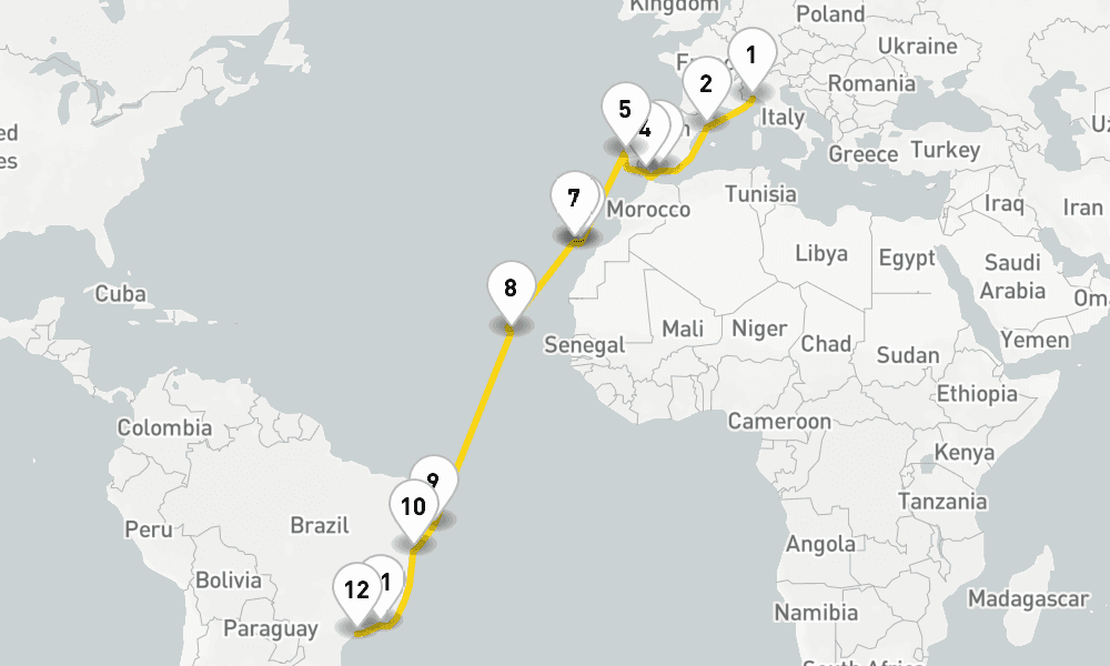 21 days, one-way from Savona to Santos 22日間