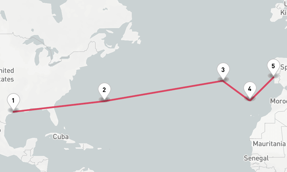 14 days, one-way from Galveston to Lisbon 15日間