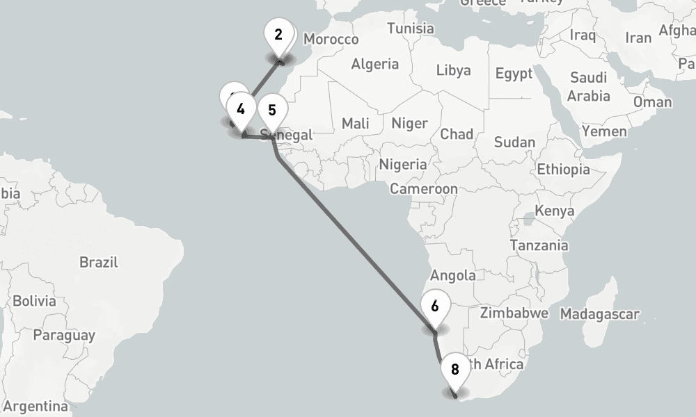 20 days, one-way from Las Palmas de Gran Canaria to Cape Town 21日間