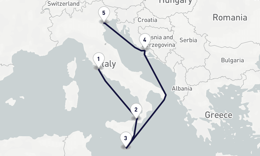 5 days, one-way from Civitavecchia-Rome to Venice 6日間