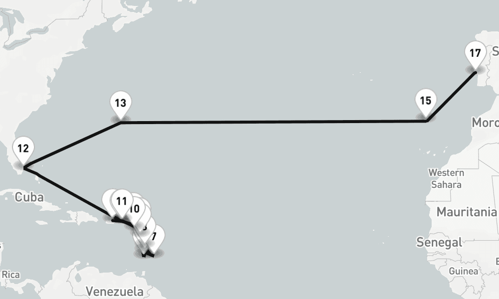 28 days, one-way from San Juan to Lisbon 29日間