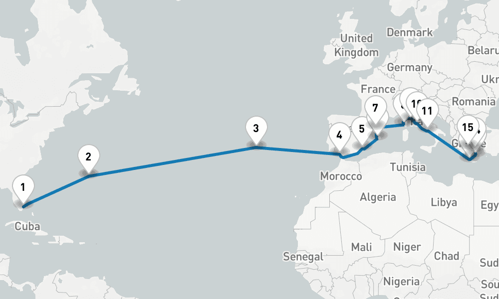 25 days, one-way from Fort Lauderdale to Piraeus-Athens 26日間