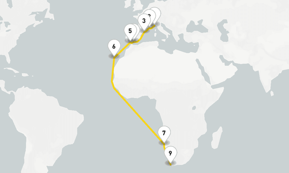 21 days, one-way from Savona to Cape Town 22日間