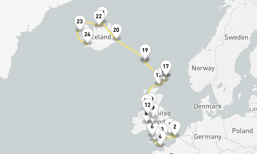 26 days, one-way from London-Greenwich to Reykjavik 27日間