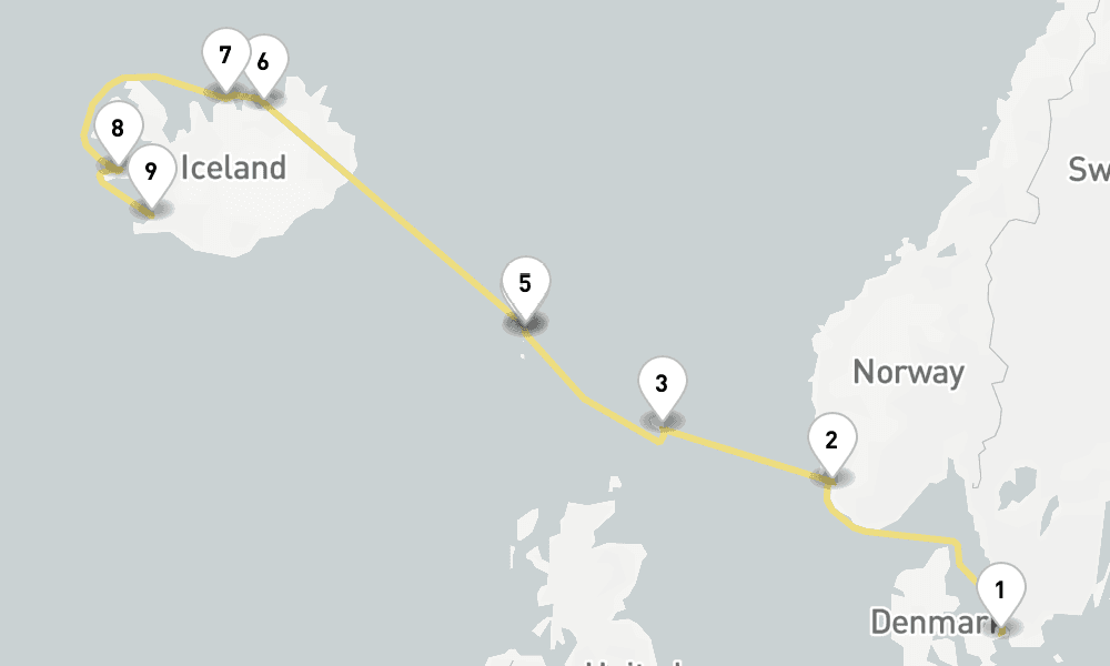 10 days, one-way from Copenhagen to Reykjavik 11日間