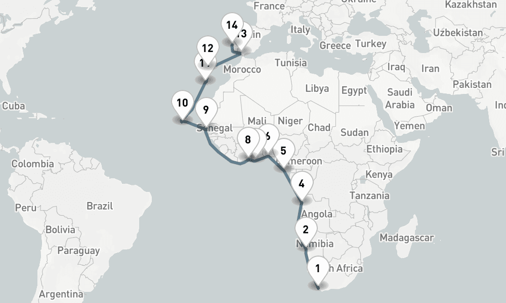 24 days, one-way from Cape Town to Lisbon 25日間