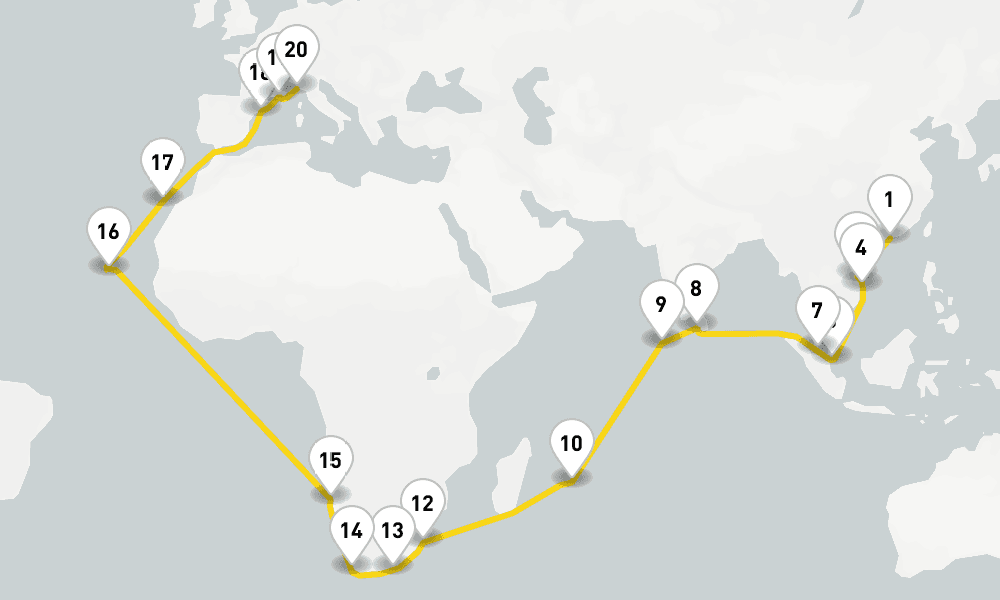 48 days, one-way from Hong Kong to Savona 49日間