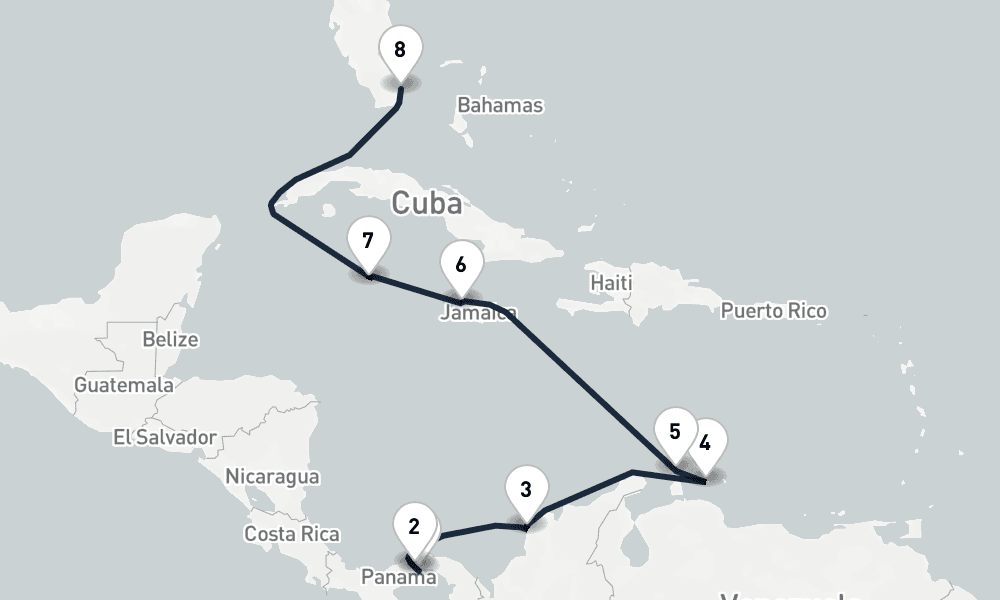 10 days, one-way from Panama City to Miami 11日間