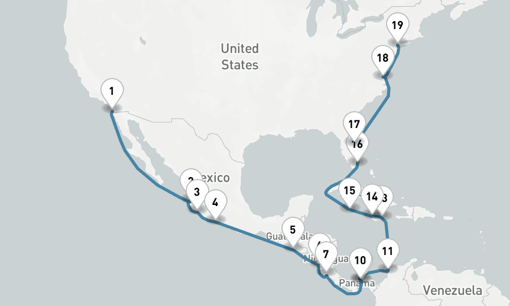 25 days, one-way from San Diego to New York 26日間