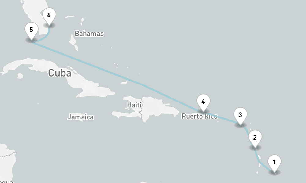 7 days, one-way from Bridgetown to Miami 8日間
