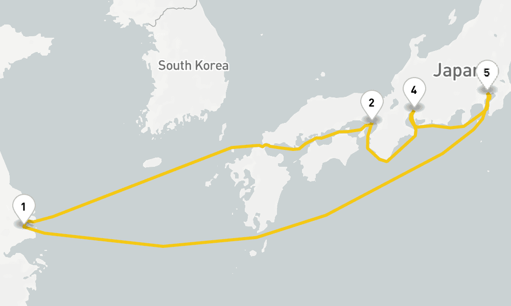 8 days, round-trip Kobe, Osaka, Nagoya Tokyo 9日間