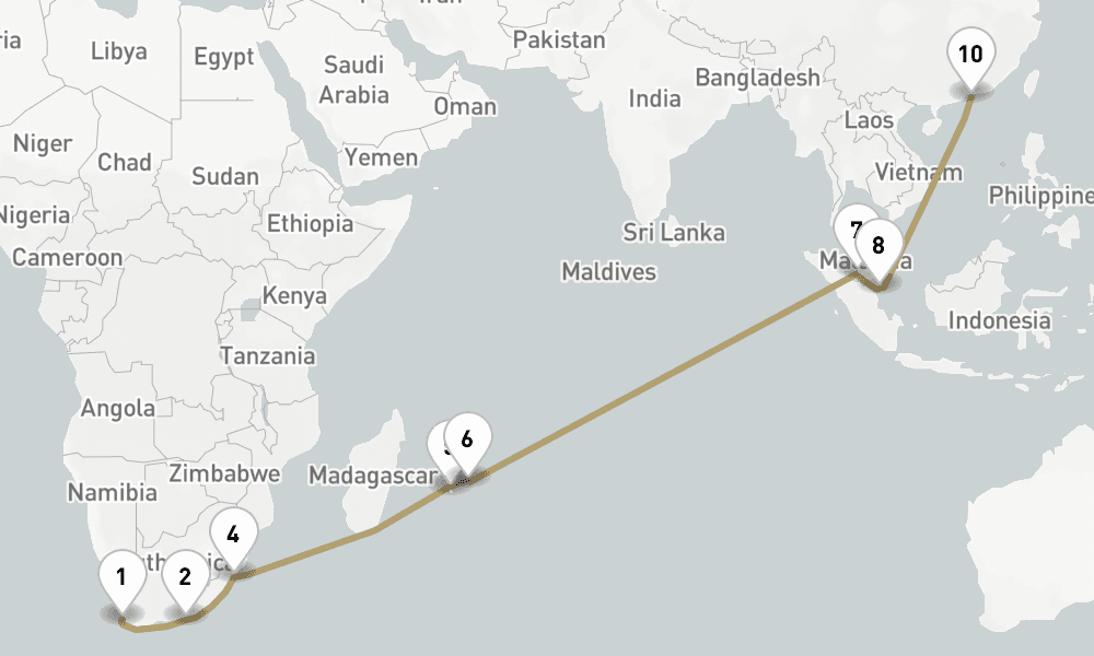 25 days, one-way from Cape Town to Hong Kong 26日間