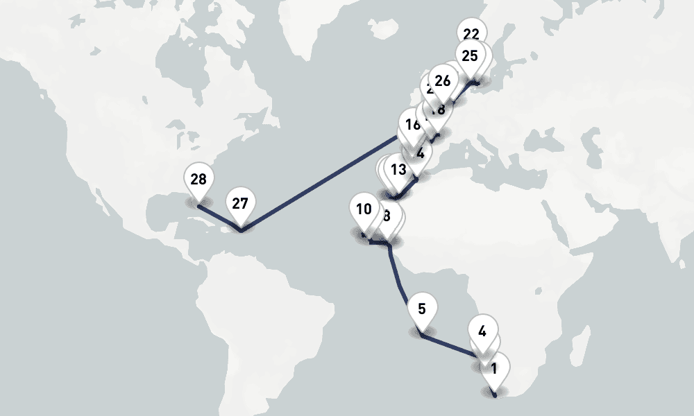 54 days, one-way from Cape Town to Fort Lauderdale 55日間