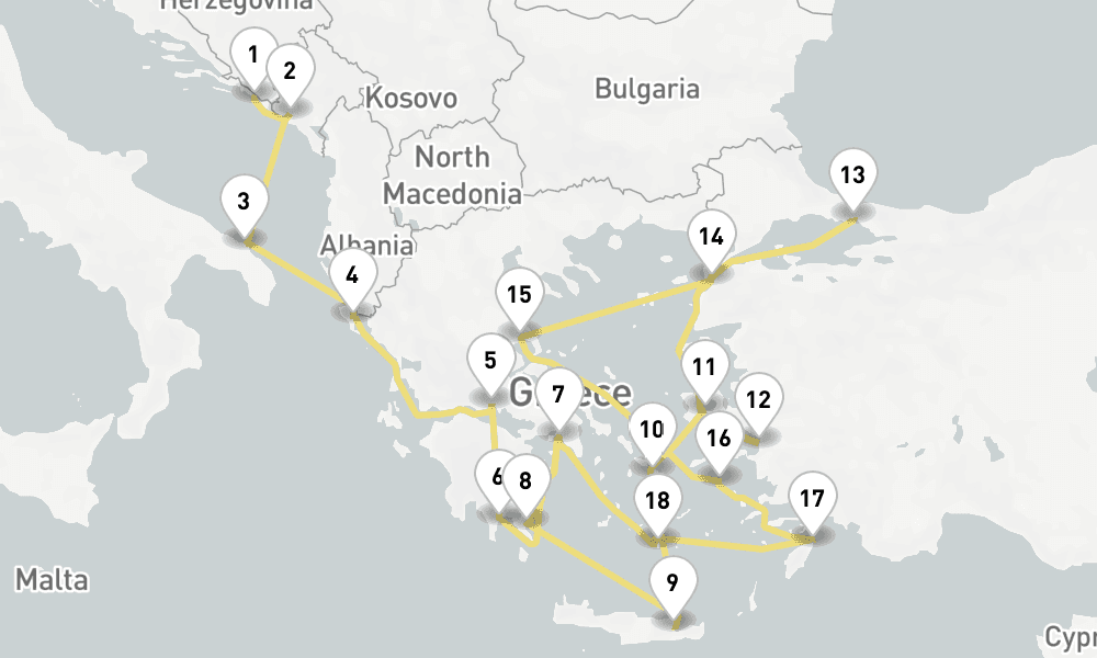 21 days, one-way from Dubrovnik to Piraeus-Athens 22日間