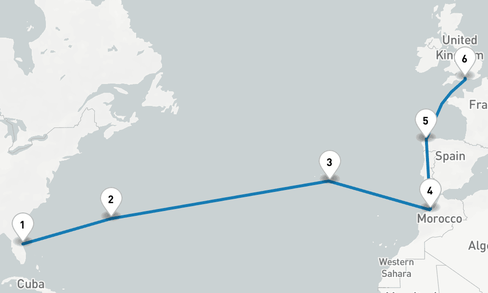 15 days, one-way from Port Canaveral to Southampton 16日間
