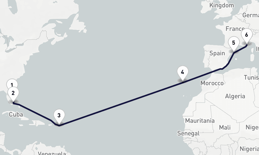 15 days, one-way from Port Canaveral to Cannes 16日間