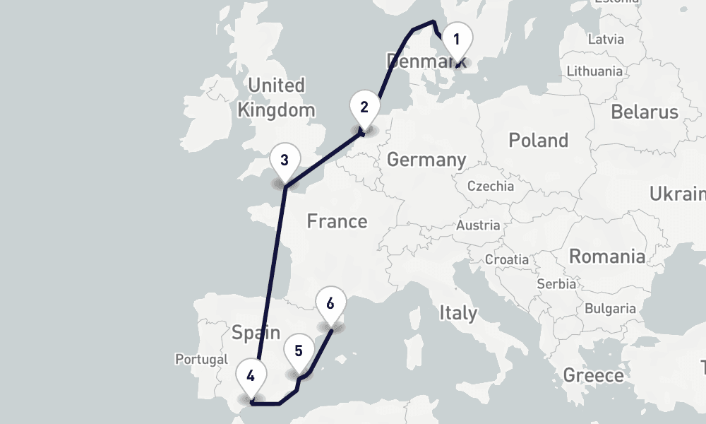 9 days, one-way from Copenhagen to Barcelona 10日間