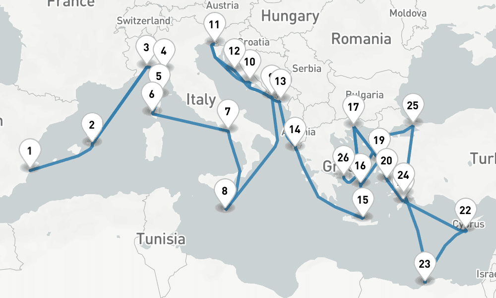 43 nights / 44 days, one-way from Alicante to Piraeus (Athens, Greece)