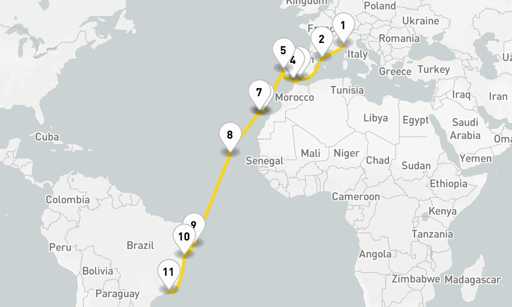 20 days, one-way from Savona to Rio de Janeiro 21日間