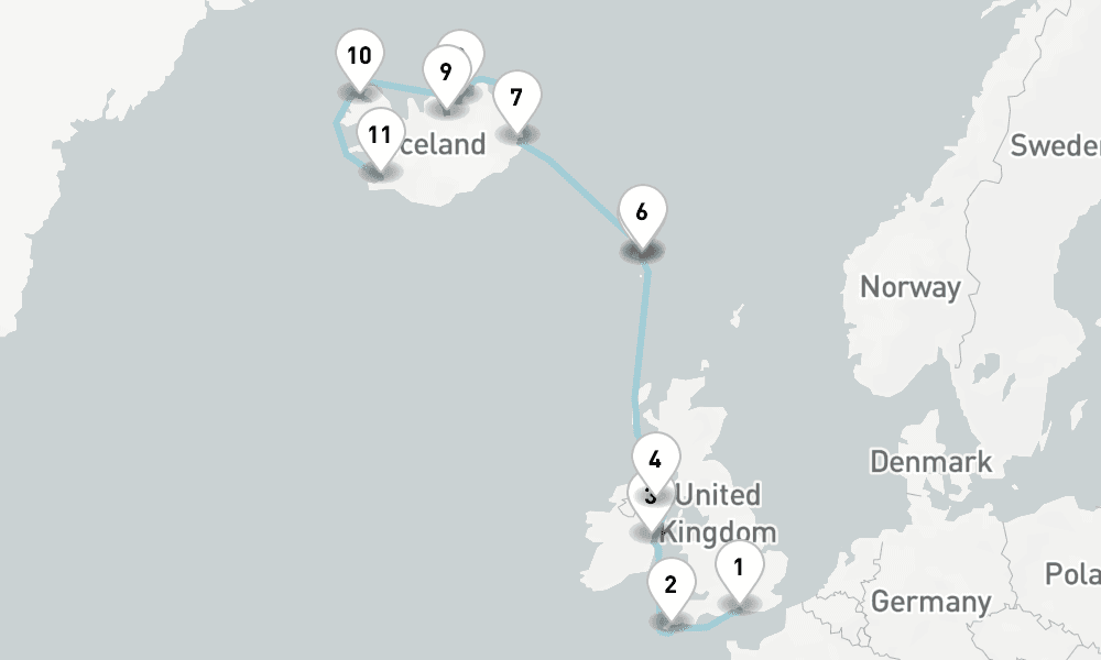 12 days, one-way from Portsmouth UK to Reykjavik 13日間