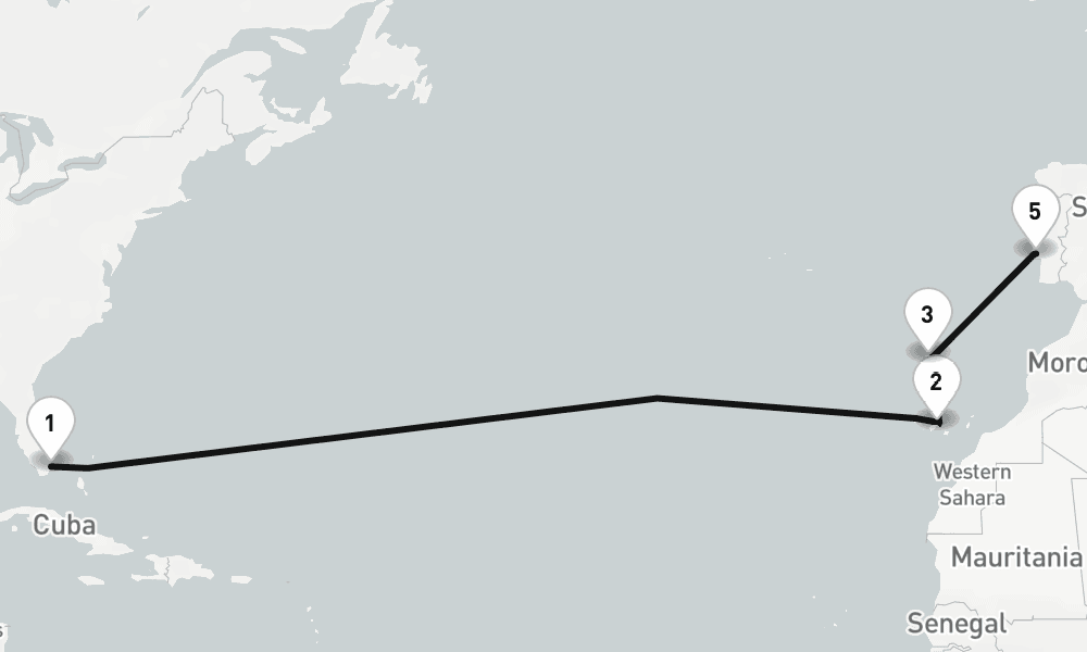 14 days, one-way from Miami to Lisbon 15日間