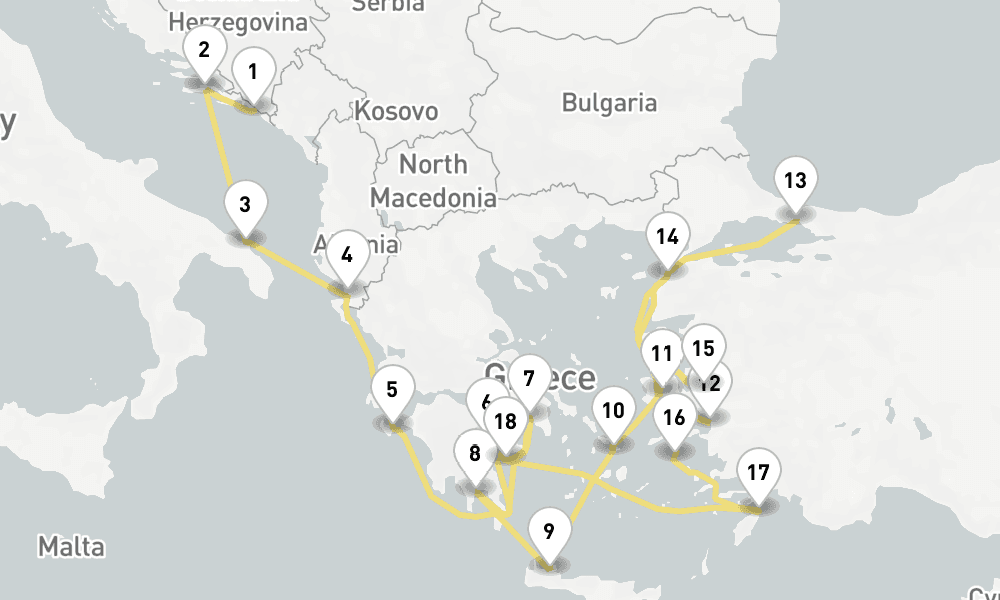 21 days, one-way from Dubrovnik to Piraeus-Athens 22日間