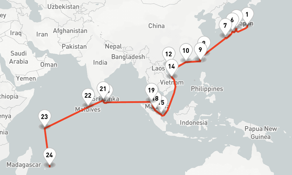 36 days, one-way from Yokohama to Port Louis 37日間